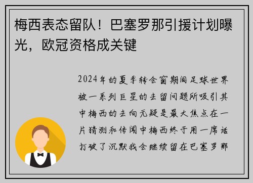 梅西表态留队！巴塞罗那引援计划曝光，欧冠资格成关键