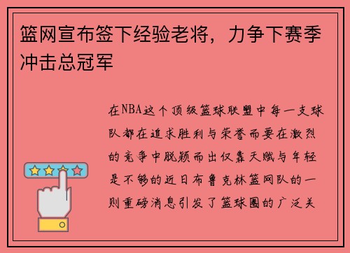 篮网宣布签下经验老将，力争下赛季冲击总冠军