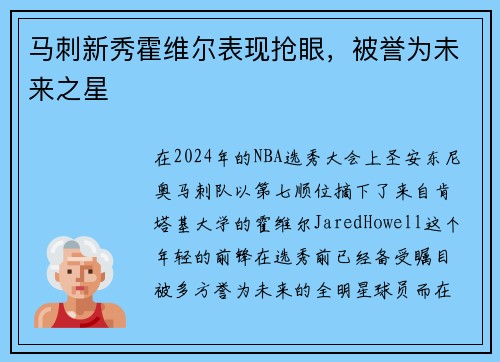 马刺新秀霍维尔表现抢眼，被誉为未来之星